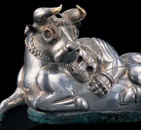 Vessel with a bull attacked by a lion