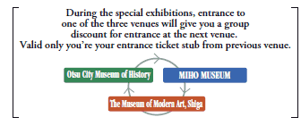 During the special exhibitions, entrance to
one of the three venues will give you a group
discount for entrance at the next venue.
Valid only you’re your entrance ticket stub from previous venue.