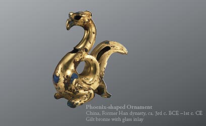 Phoenix-shaped Ornament
China, Former Han dynasty, ca. 3rd c. BCE -1st c. CE 
Gilt bronze with glass inlay