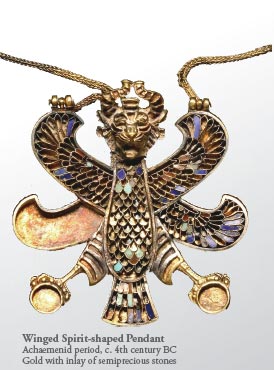 Winged Spirit-shaped Pendant 
Achaemenid period, c. 4th century BC
Gold with inlay of semiprecious stones