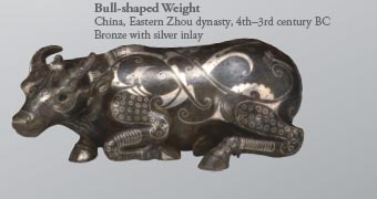 Bull-shaped Weight 
China, Eastern Zhou dynasty, 4th–3rd century BC
Bronze with silver inlay