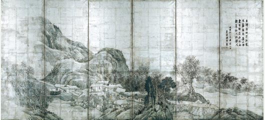 Yosa Buson, Landscape Screens
Ink and color tint on silver-coated paper   Edo Period (1782)   Dimensions: 166.9  363.7 each Miho Museum