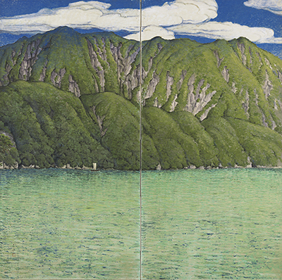 Two-panel screen
The Deep Waters of Jindai at Lake Towadako 
By Kawase Hasui (1883–1957) 
Circa 1920
image  John Bigelow Taylor