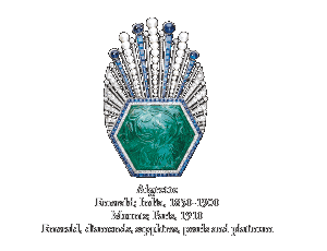 Aigrette
Emerald; India, 1850-1900
Mounts; Paris, 1910
Emerald, diamonds, sapphires, pearls and platinum