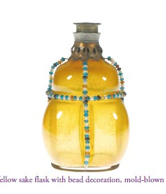 Yellow sake flask with bead decoration, mold-blown