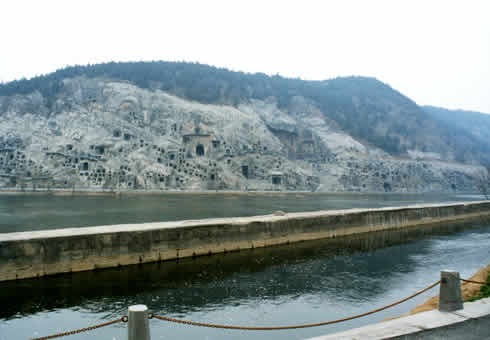 View of Longmen Grottoes from the eastern bank of Wei Shui